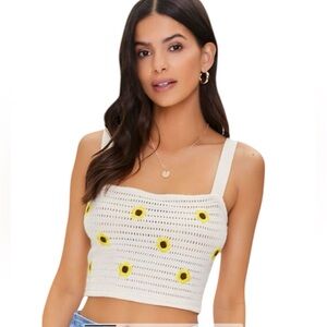 Embroidered Knit Crochet Crop Top SunFlowers Sleeveless Cream Size Medium